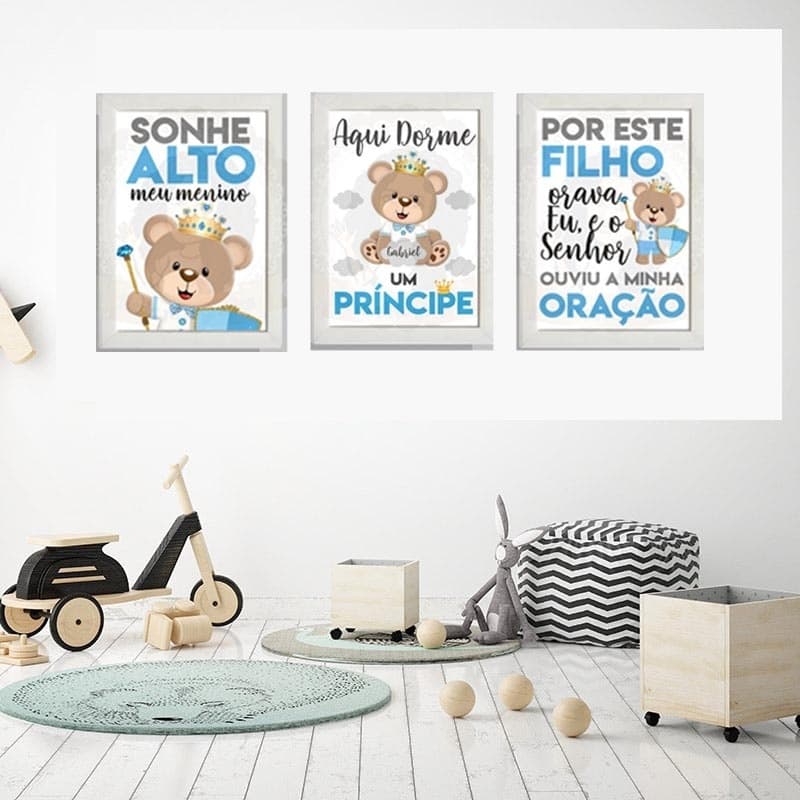 Quadro Decorativo Ursinho Coroa Personalizado Cajado Sonhe Alto Meu Menino Dorme Um Principe MANDAR NOME NO CHAT