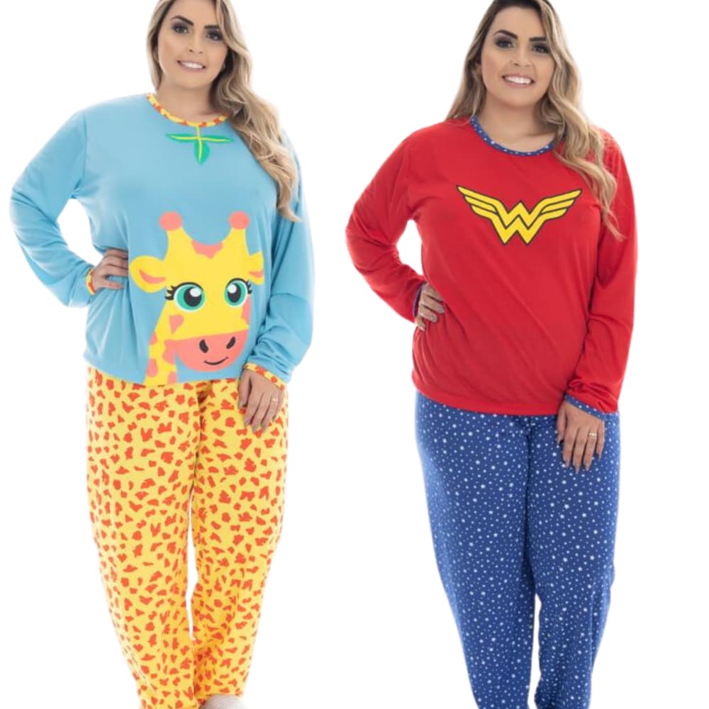 Kit 2 Pijamas Feminino Longo Inverno Plus Size Malha Manga Longa Estampado P ao 56