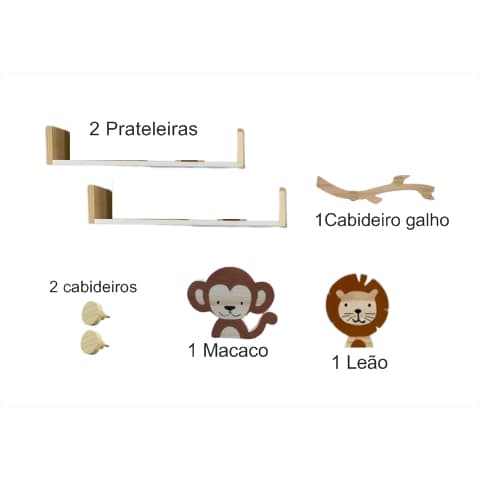 Combo 2 prateleiras + 2 Animais + 1 Cabideiro Galho + 2 cabideiros Redondo.