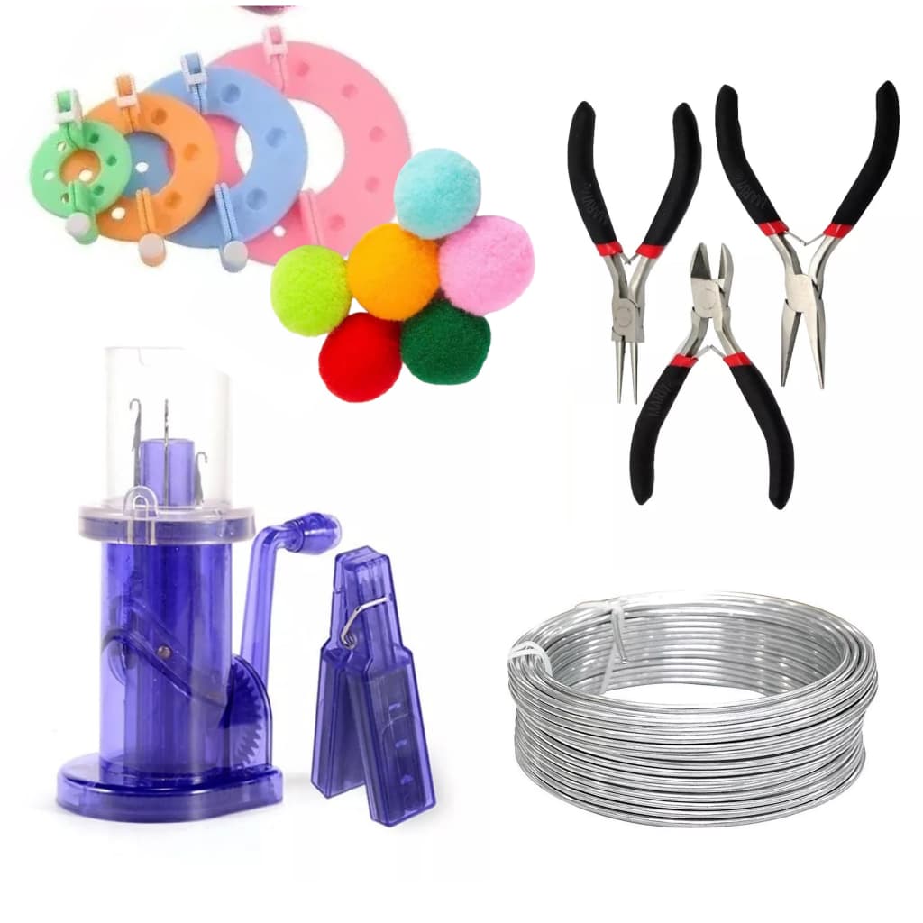 kit Máquina De Tricotin + Arame galvanizado + Kit Faz Pompom 4 medidas + 3 Alicates