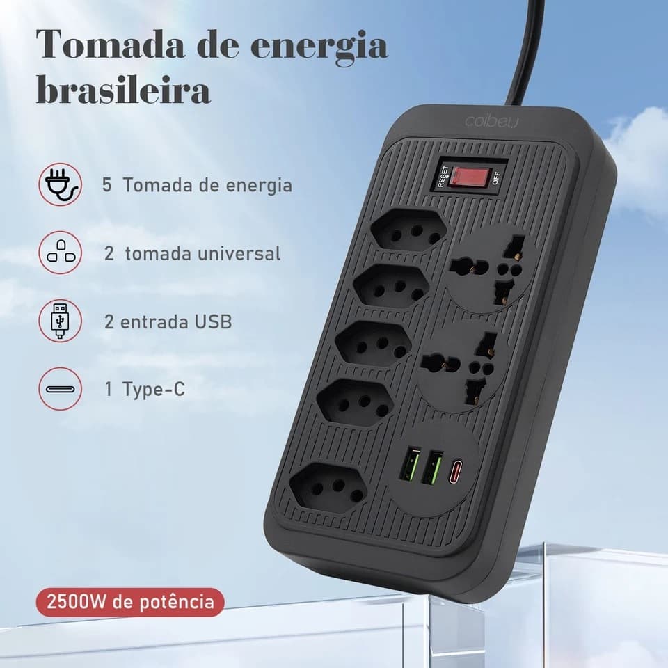 Extensão Filtro de Linha Régua 5 Tomadas 2 Universal com 2 usb 1 USBC Extensão de Tomada com cabo de 2m Bivolt
