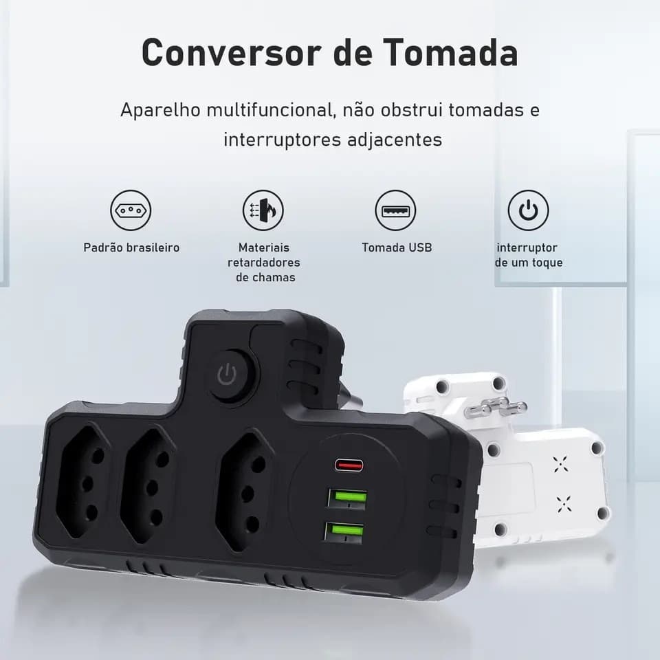 Conector De Extensão Portátil Conversor De Tomada 3 Tomadas 2 Usb 1USBC Bivolt Power