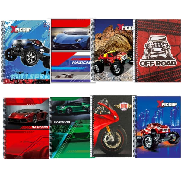 Kit 10 Cadernos Menino Carros Espiral Capa Dura Escola 96fls Escolar Meninos carros motos pickups