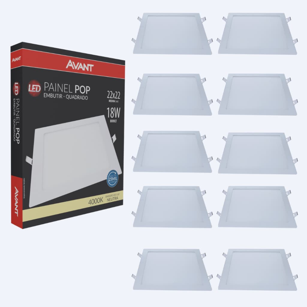 Kit Painel Led Embutir Quadrado 18w Bivolt Avant Branco Neutro 4000K