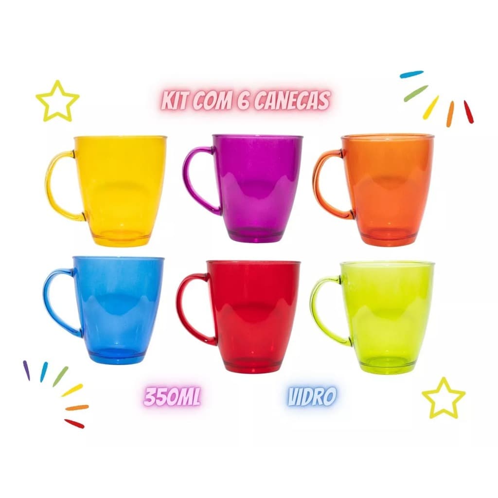 Jogo 6 Canecas Xícaras Grande Coloridas Luxo