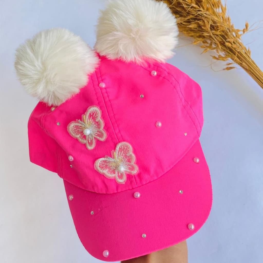 Boné infantil de Menina Fofa / Boné de Borboleta com Pompom / Boné de Mocinha