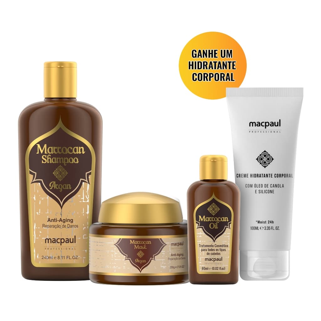 Kit de Tratamento cabelo e pele - Shampoo, Máscara, óleo e Hidratante Corporal Marrocan -  Macpaul