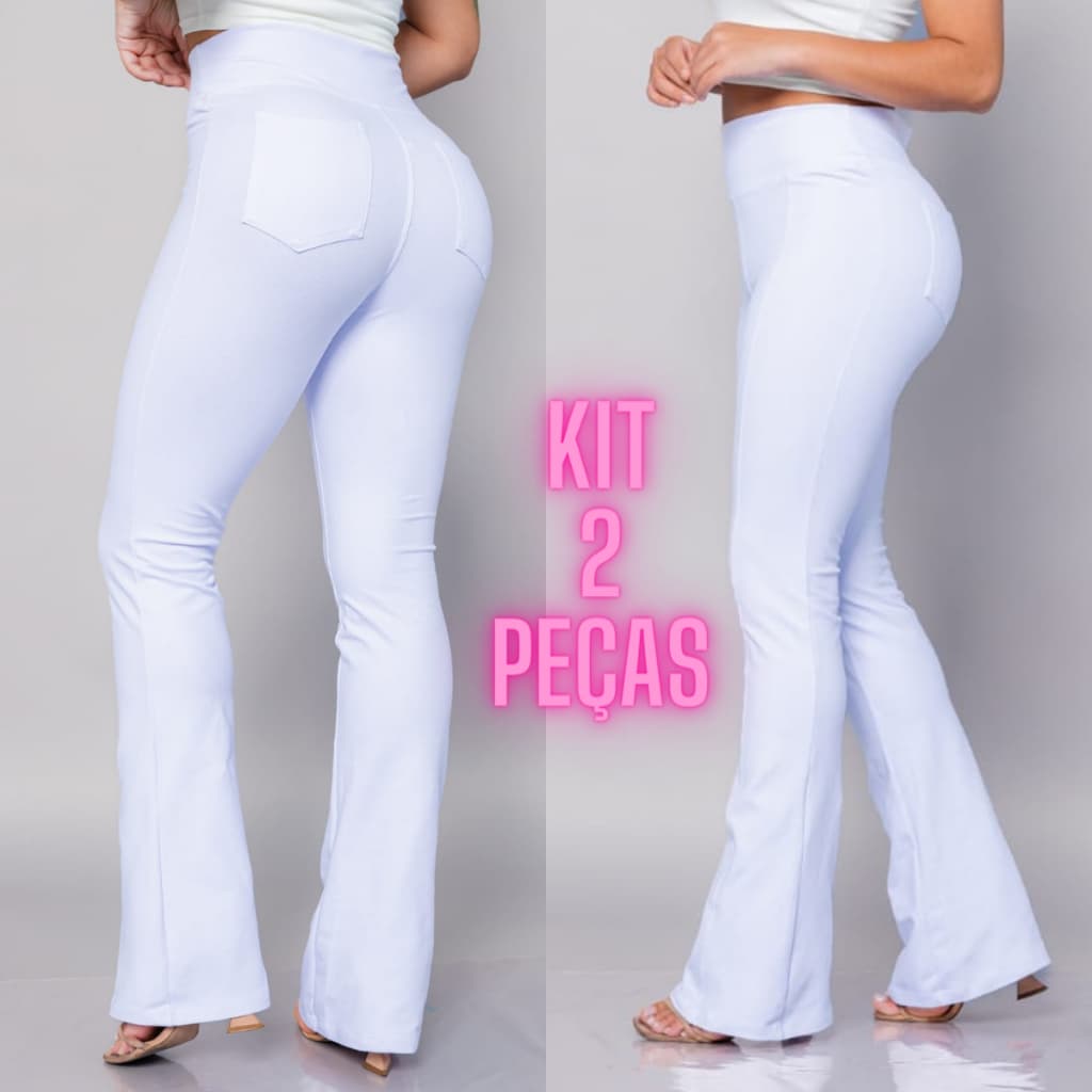 2 PEÇAS Calça Flare Branca Feminina Cotton Jeans FAKE Cintura Alta Enfermagem Esteticista Boca larga
