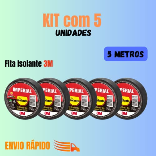 Kit 5 Unidades Fita Isolante 5 Metros Imperial 3M Fita Super Flexível Alta Durabilidade
