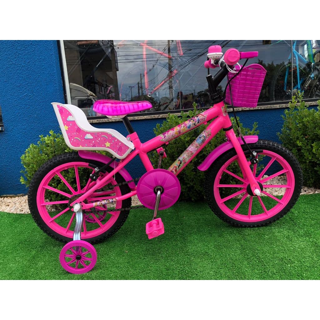 Bicicleta Bike Infantil Menina Criança Aro 16 Rosa C/ Cadeirinha P/ Boneca e Cestinha