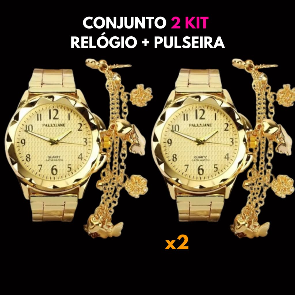 Conjunto Kit 2 Relógio Feminino Dourado Cor Ouro 18k Original Resistente a água + Pulseira Dourada