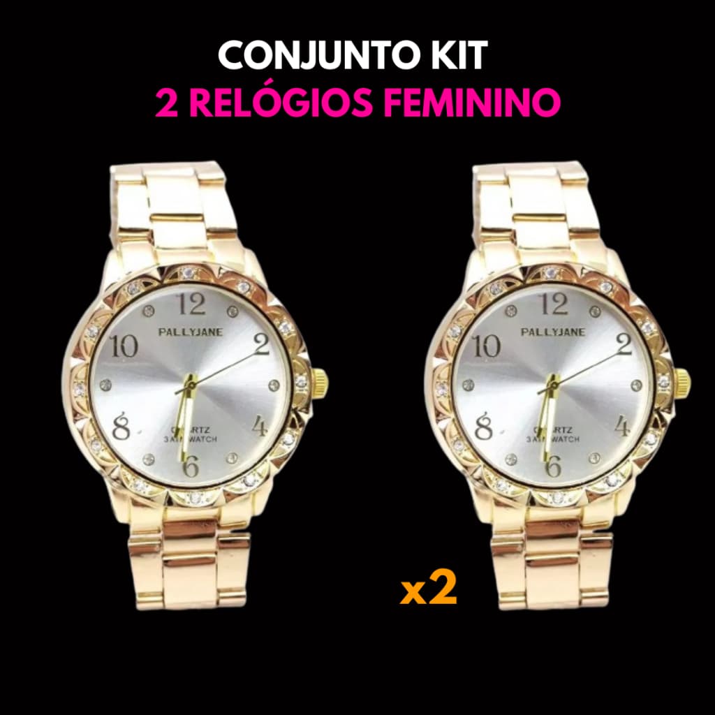 Conjunto Kit 2 Relógio Feminino Dourado Banhado a Cor Ouro 18k Quartzo em Aço Casual Pallyjane Guke