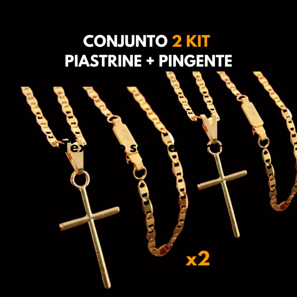 Conjunto Kit 2 Corrente Piastrini Correntinha Banhada a Cor Ouro 18k Fina + Pingente Cruz Palito