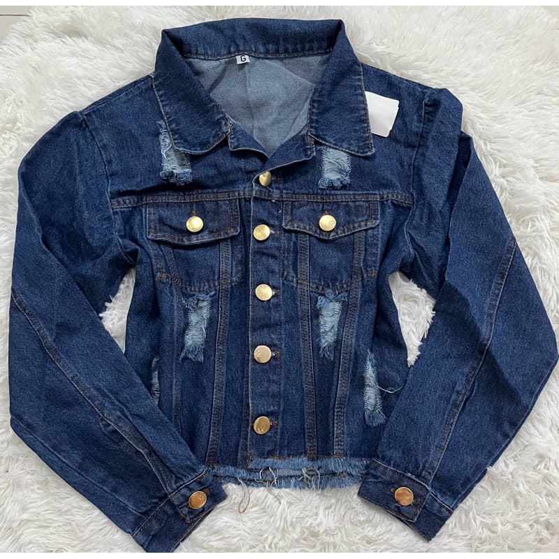 Jaqueta Jeans Feminina Destroyed Azul Escura Linha Premium