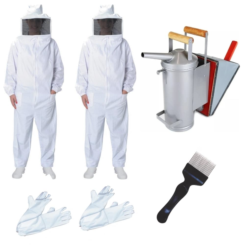 Kit Apicultor Apicultura 2 Macacão Brim + 1 Fumigador + 2 Luvas + 1 Garfo