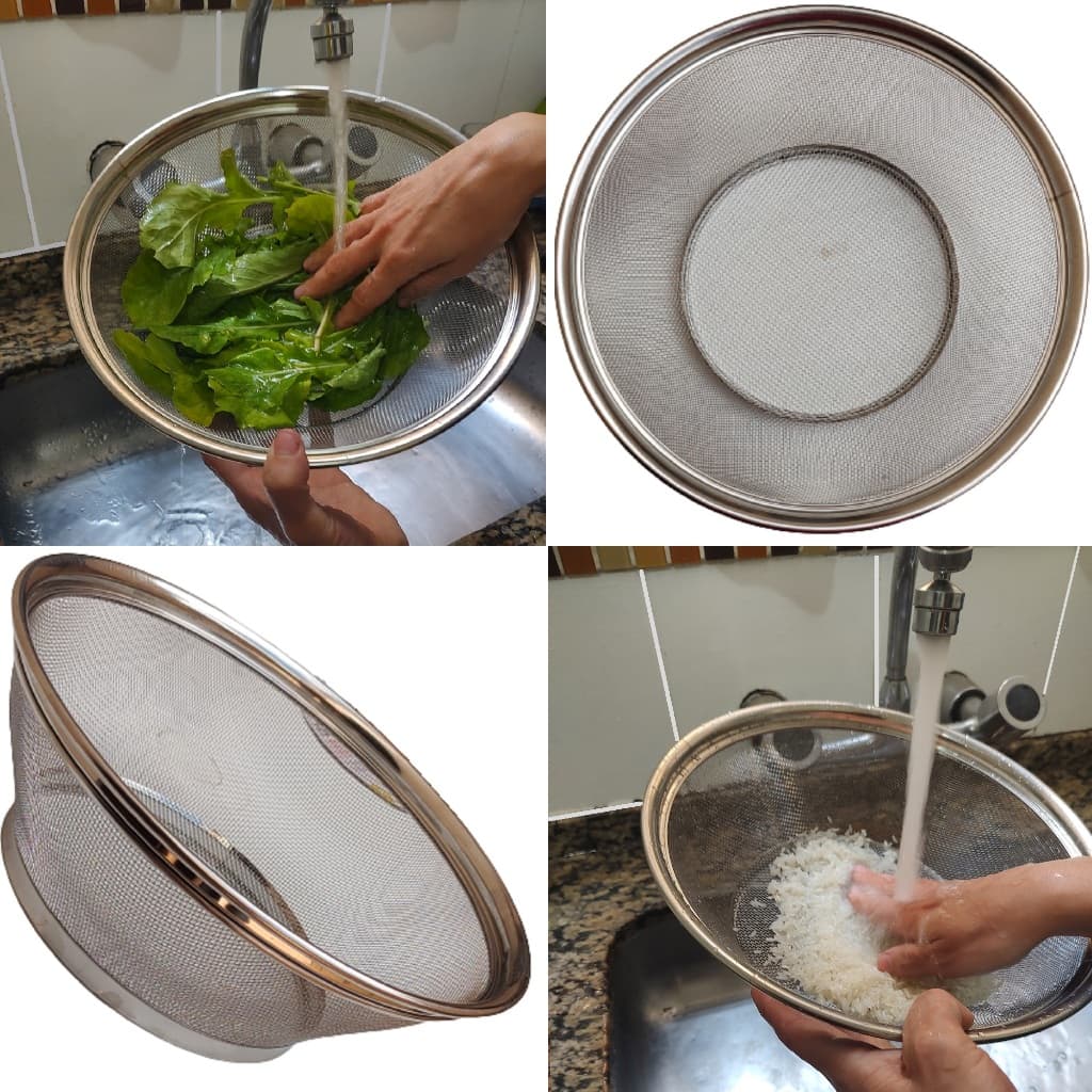 Escorredor De Alimentos Macarrão Massa Arroz Folhas Salada Alface Legumes Frutas De Inox Multiuso Telado Peneira Grande 28cm Cozinha