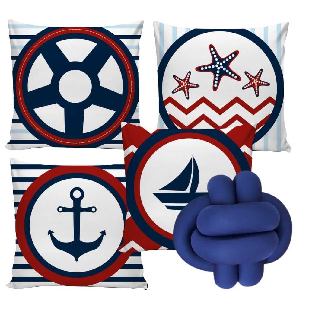 Kit 4 Capa para Almofada Náutica Mar Personalizada +Almofada de Nozinho pra Quarto Sala Decorativas com Zíper 0.45x0.45cm Ancora Azul