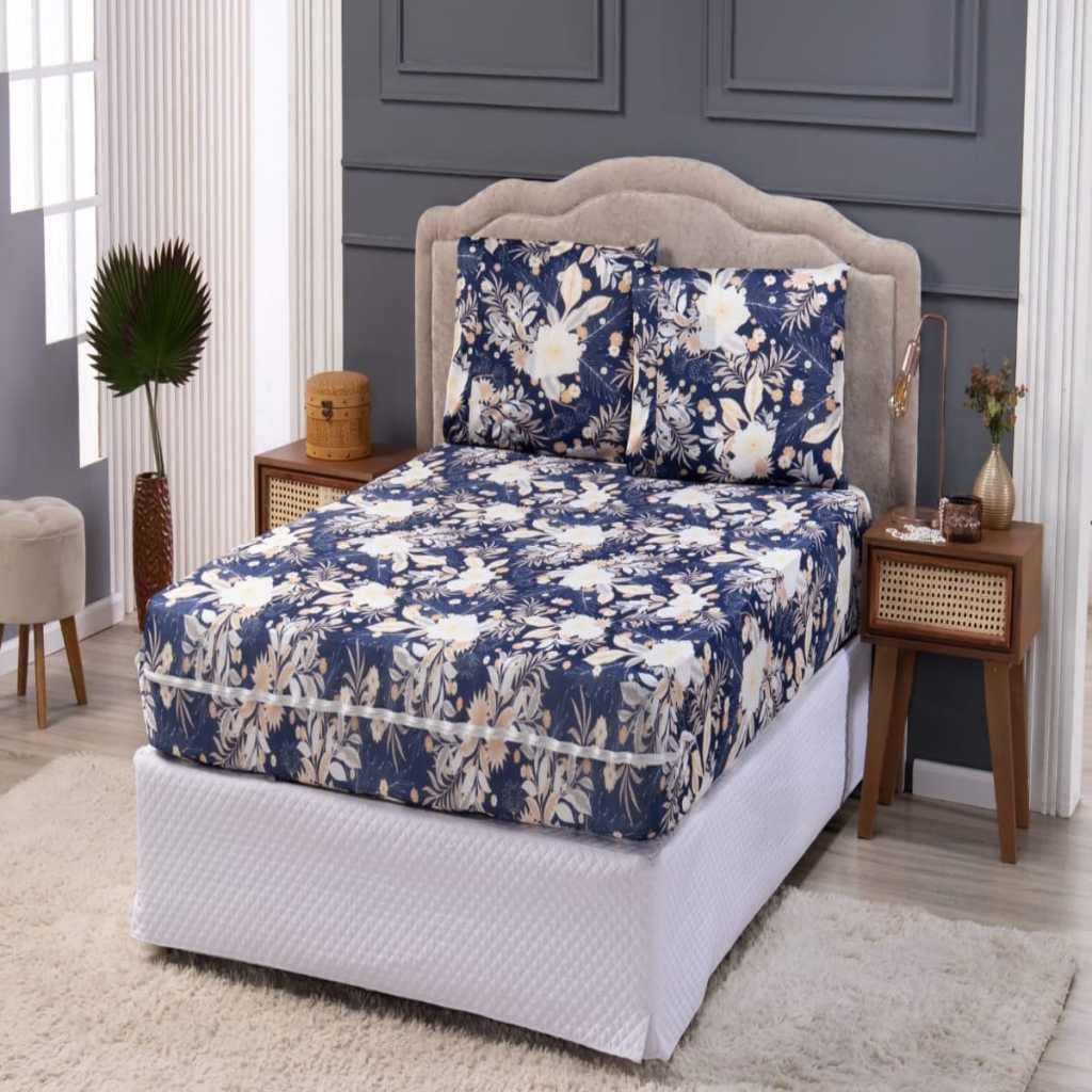 Capa de Colchão Malha Gel Cama Casal Queen Quarto Protetora Floral Azul