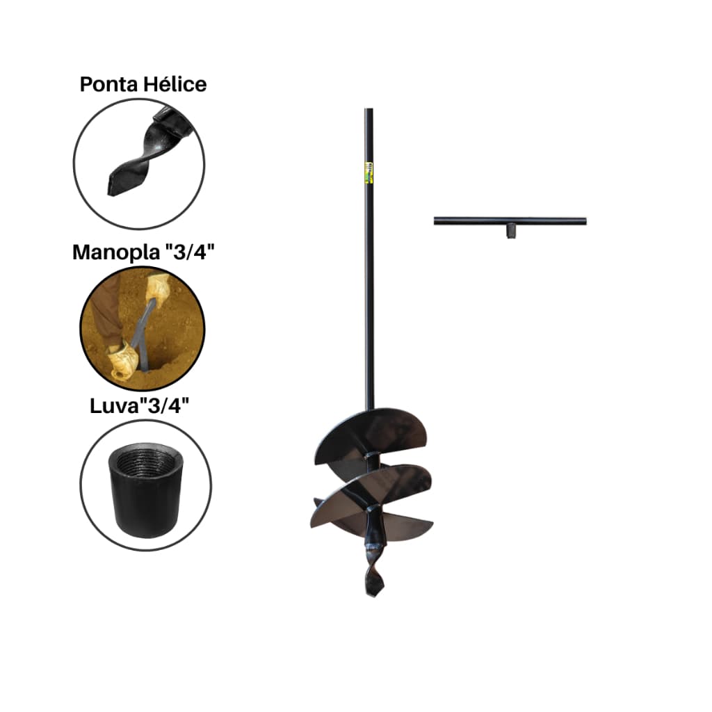 Cavadeira Trado Manual Perfurador de Solo 20 CM (8 Polegadas) 4 Facas Cabo Fixo de 1 Metro + Cabo