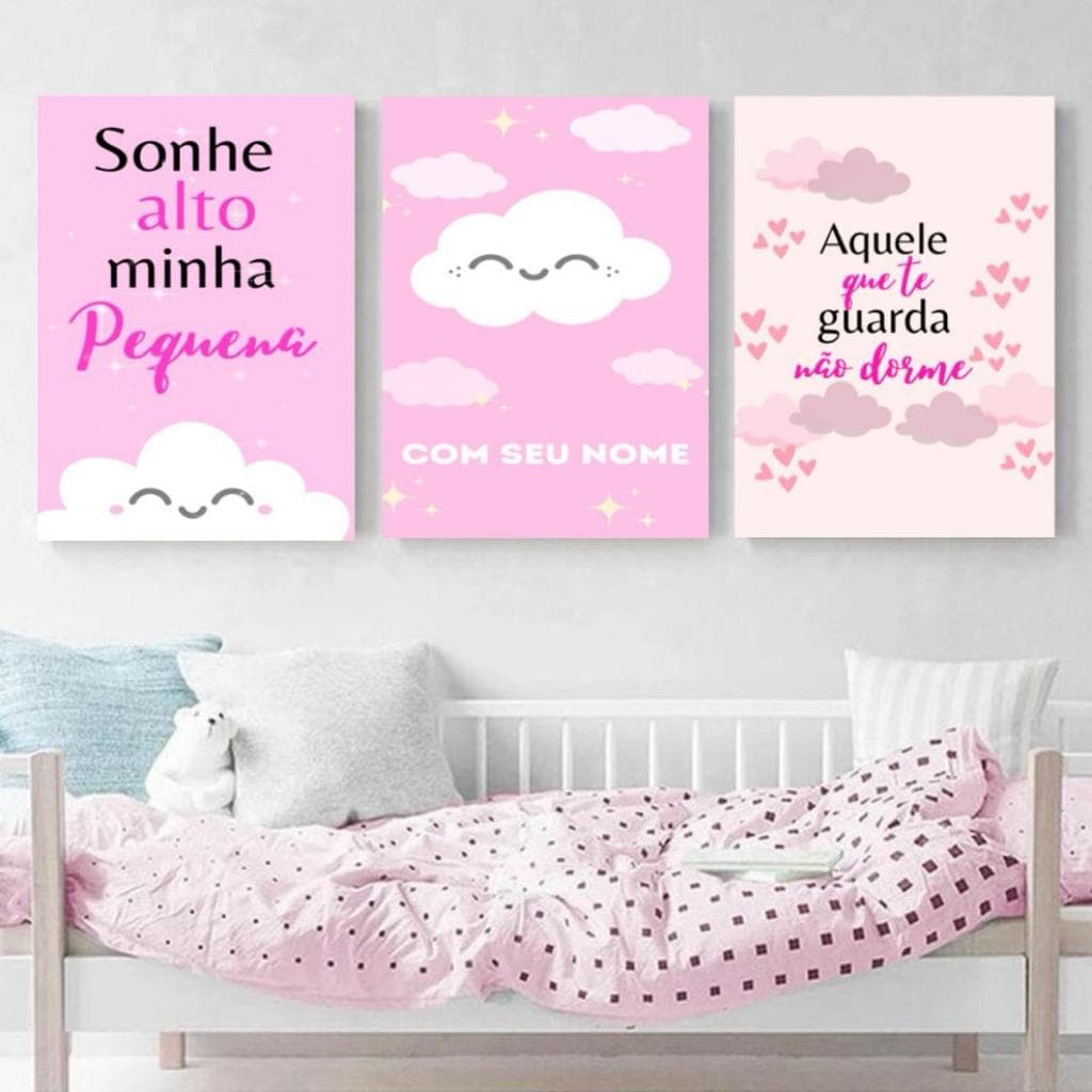 Kit 3 quadrinhos decoração quarto menina infantil sonhe alto pequena com nome personalizado