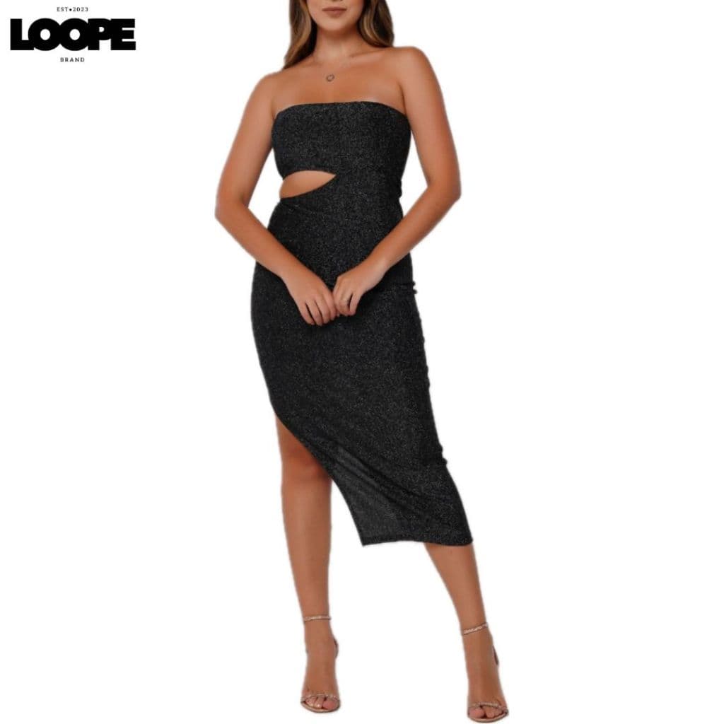 Vestido Lurex Tomara que Caia com Fenda Lateral e Recorte Brilhoso Midi