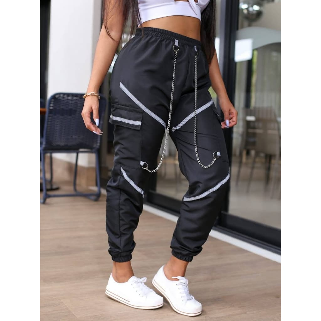 Calça jogger Feminina LIMBER cargo com Faixas Refletivas e bolsos laterais