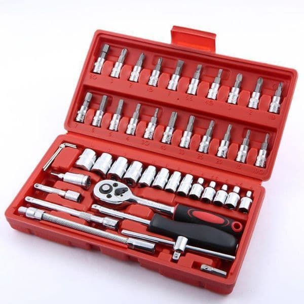Vermelho Maleta Ferramentas Kit Chaves Jogo Catraca Reversível Soquetes 46 Peças