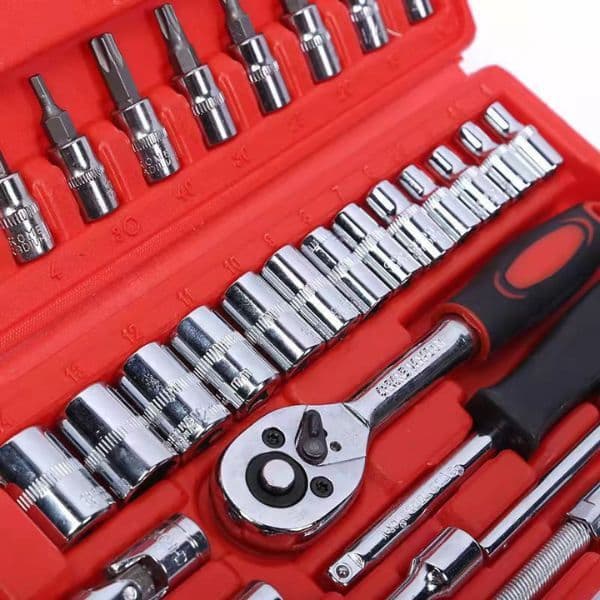 Vermelho Maleta Ferramentas Kit Chaves Jogo Catraca Reversível Soquetes 46 Peças