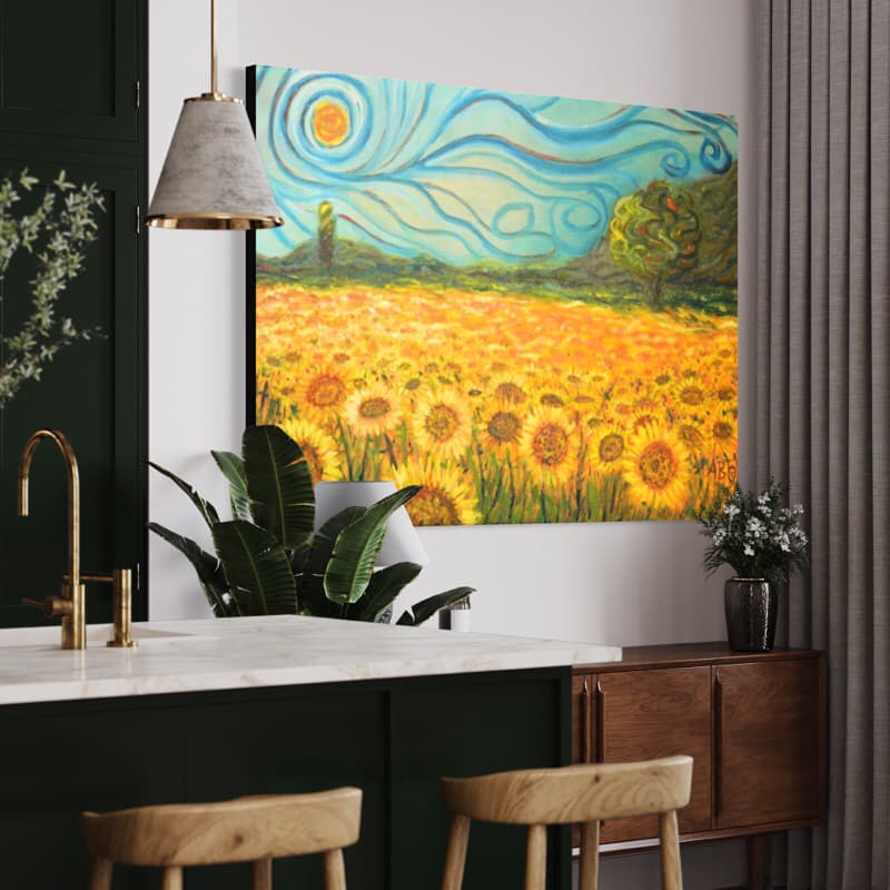 Quadro Van Gogh Campo de Girassois Obra de Arte Impressionista em Tela Acetinada