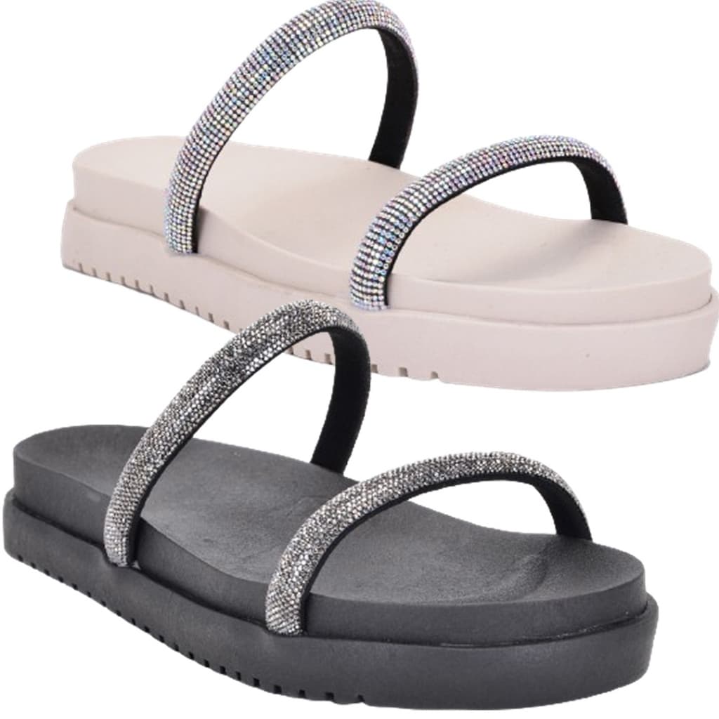 Kit 2 Rasteirnha Papete Feminina Plataforma Tiras Strass Rasteira Sandália Flat Form