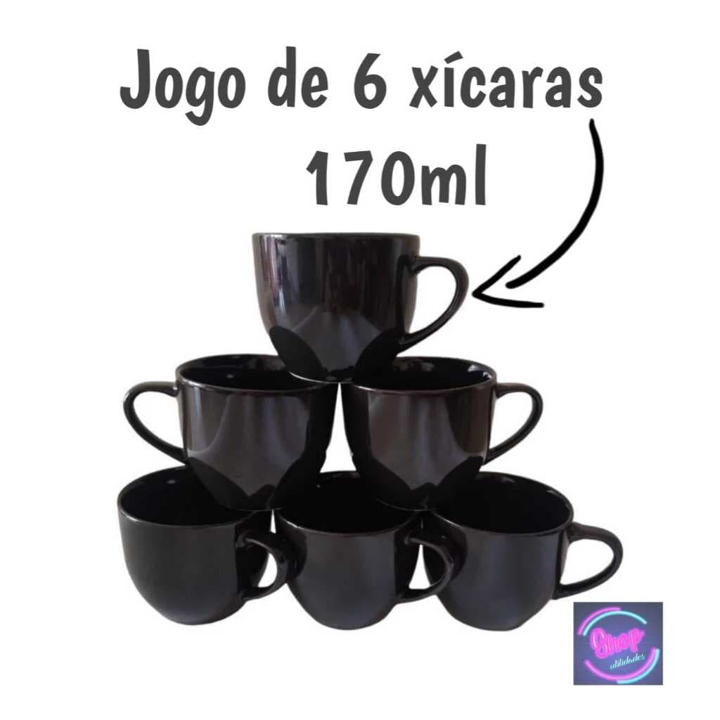 Conjunto Jogo 6 Xícara De Café Expresso Chá Leite Cappuccino Porcelana Preta Preto 170ml - Mesa Posta Chícara Xicara