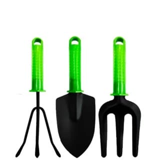 KIT PARA JARDIM COM PA + GARFO E ANCINHO RASTELO CABO PLASTICO VERDE 3 PECAS NA SOLAPA