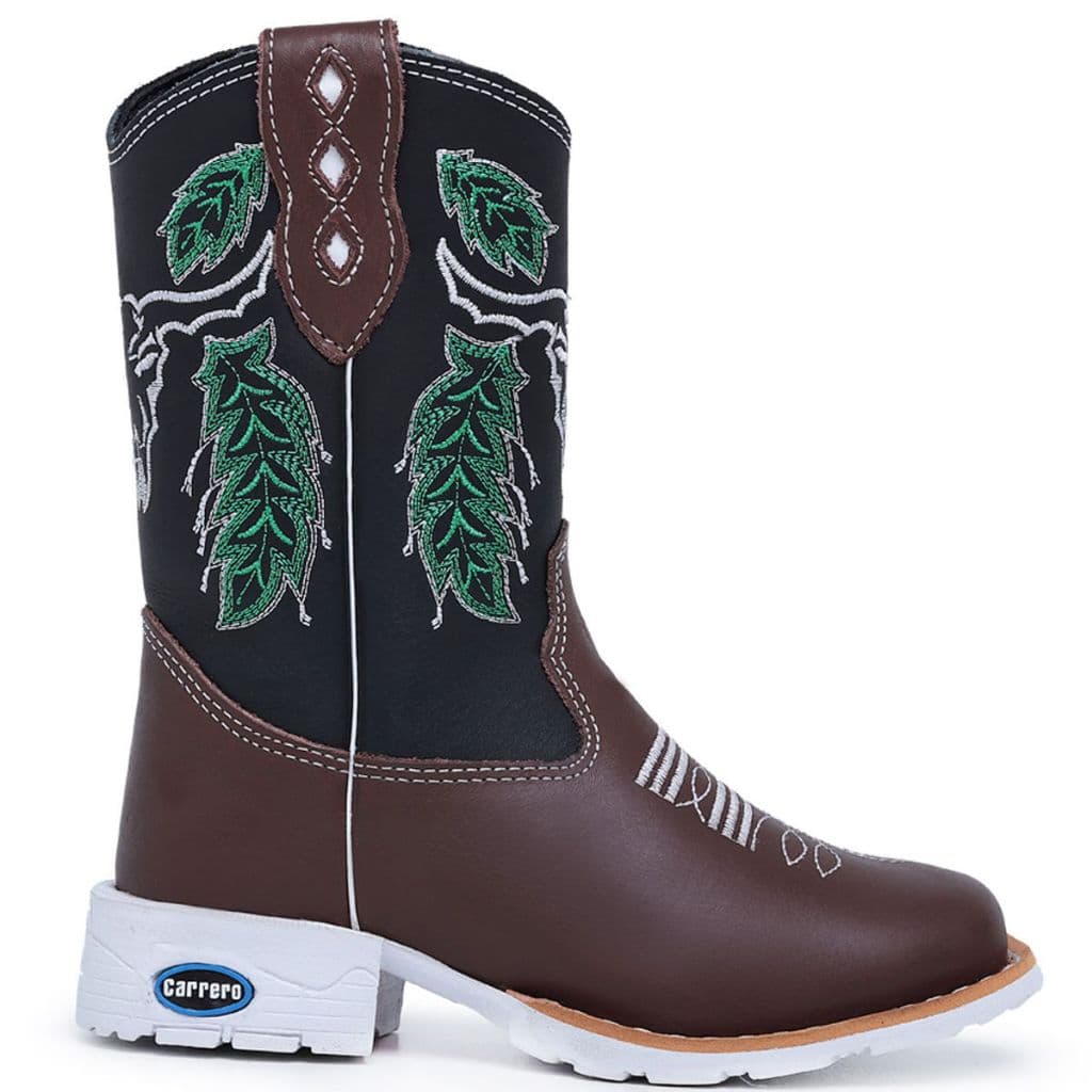 Bota Infantil Texana Em Couro Carrero Bordada Boi Flores Sola Branca Bico Quadrado