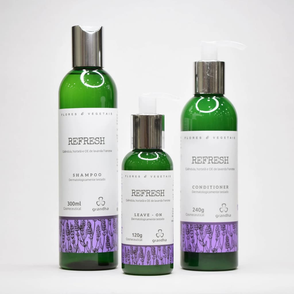 Shampoo Condicionador e Leave on Kit Refresh p/ Cabelos Frágeis Couro Cab. Inflamado e c/ Oleosidade