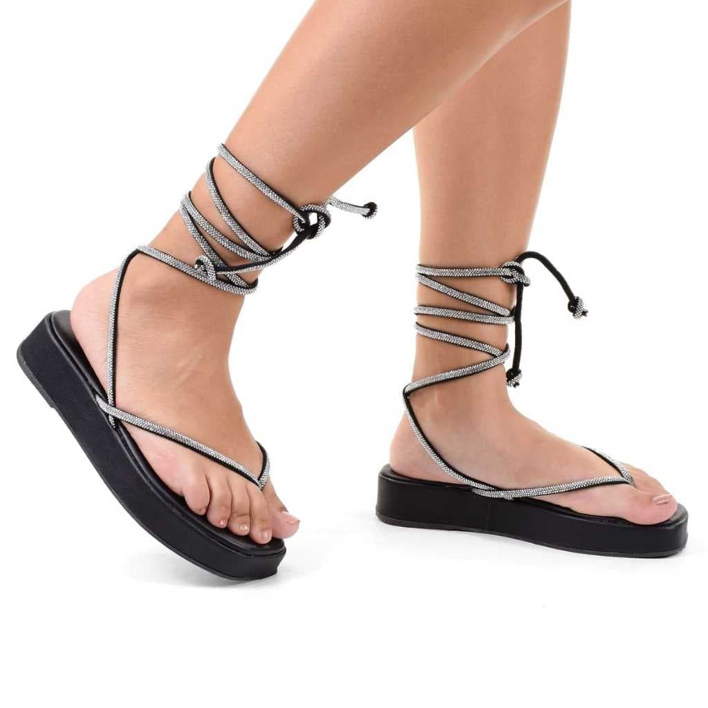 Flat Chinelo Strass com Amarração Plataforma Confortável M