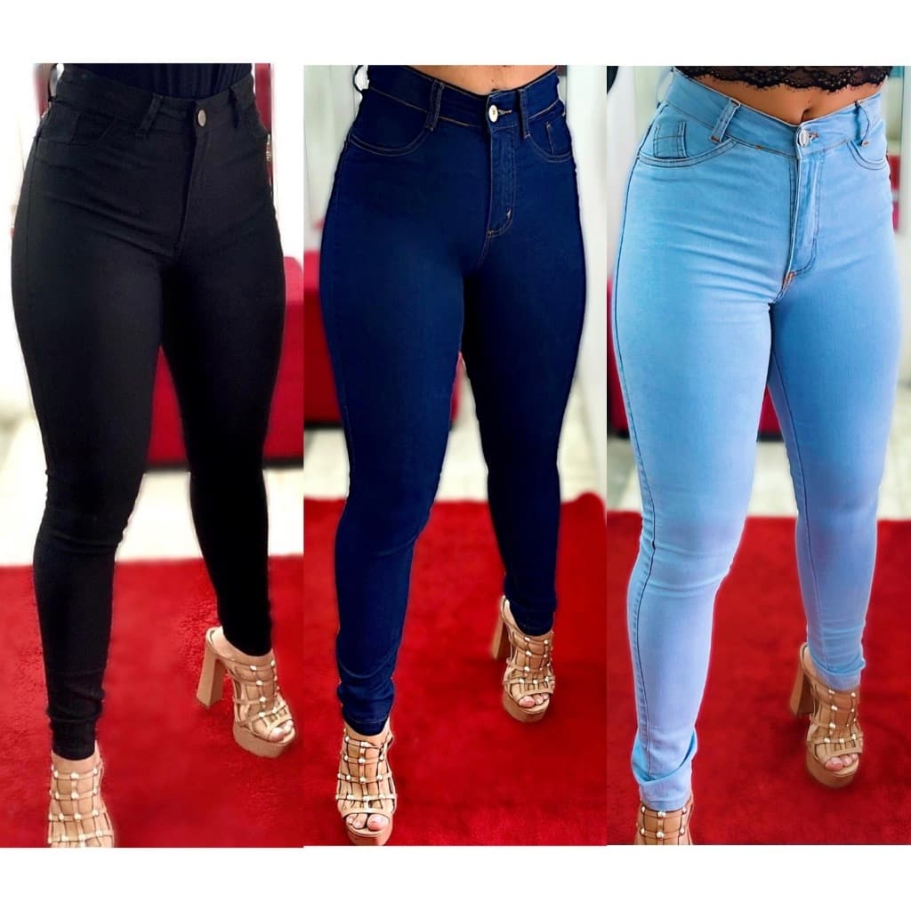 Kit 3 Calças Jeans Feminina Preta Escura Lisa Clara Lisa Premium Modela Bumbum Cintura Alta Skinny com Elastano Lycra