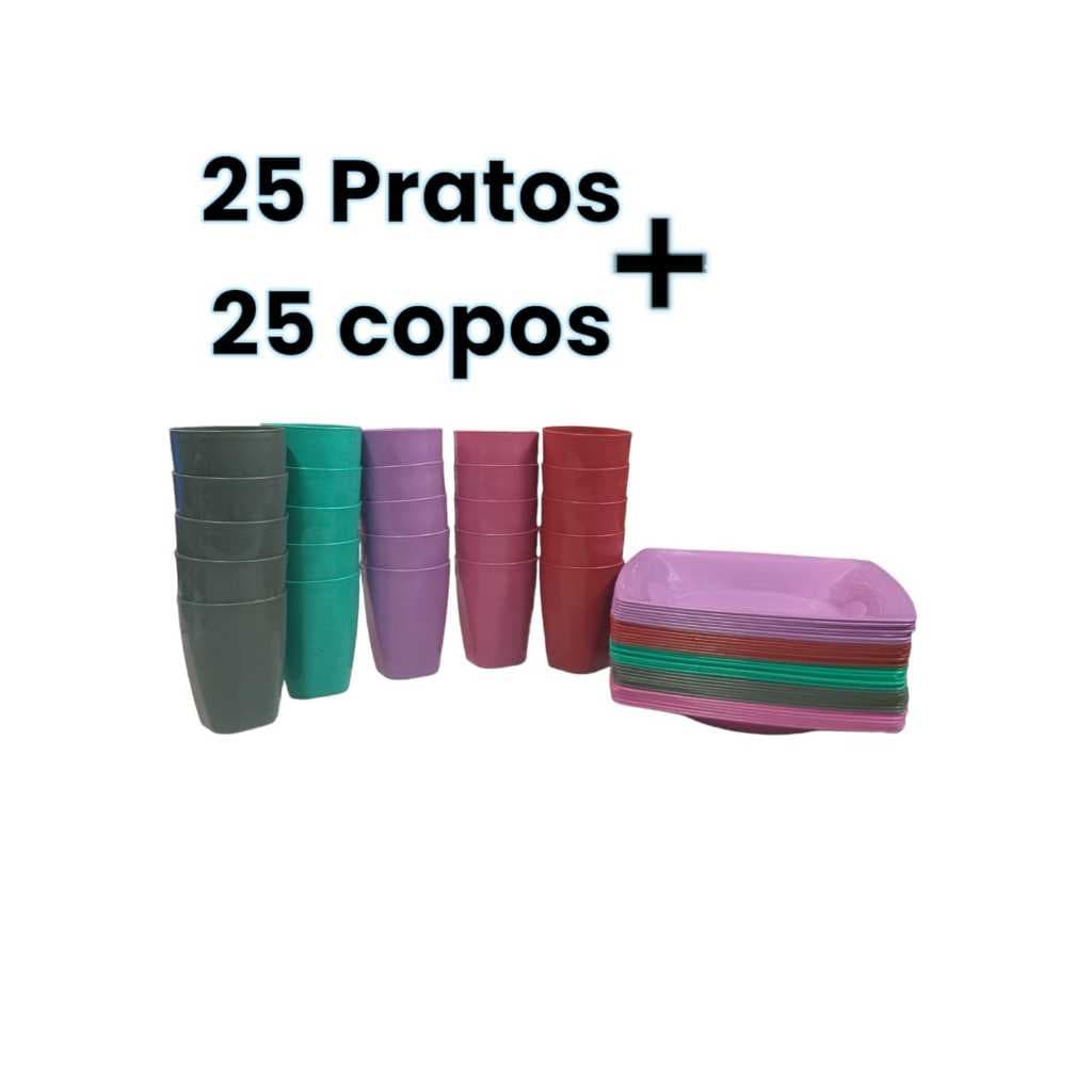 Conjunto 25 pratos + 25 copos plásticos, coloridos ótimos para festas infantis, churrasco.