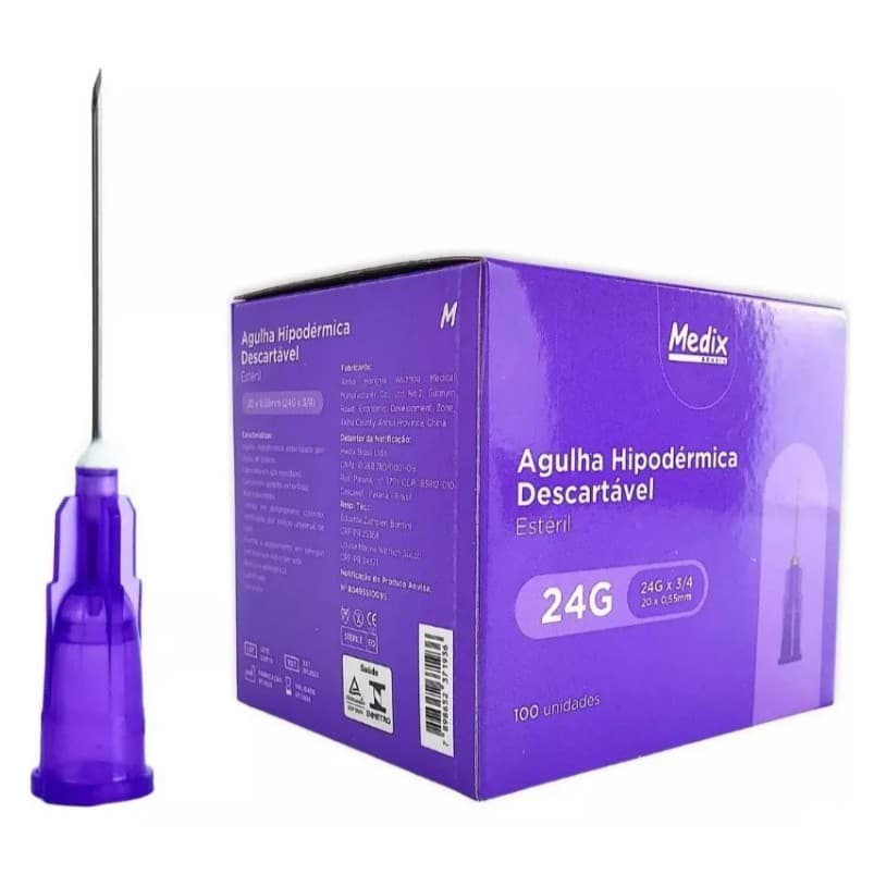 Agulha Hipodérmica Descartável 20x0,55mm (Roxa) Caixa C/100 - Medix