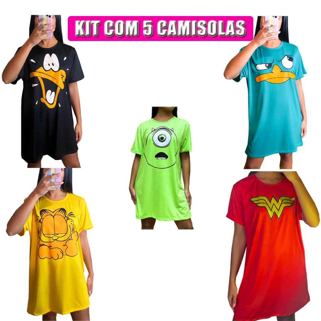 Kit com 5 camisolas de manga em malha feminina desenhos divertidos