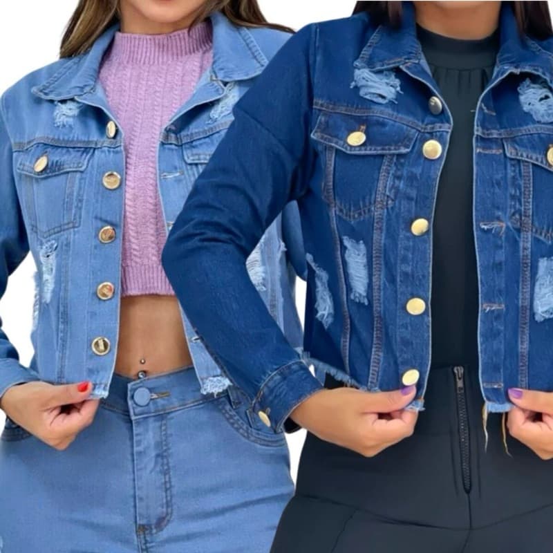 Kit 2 Jaquetas Jeans Feminina Destroyed Azul Escuro e Azul Claro
