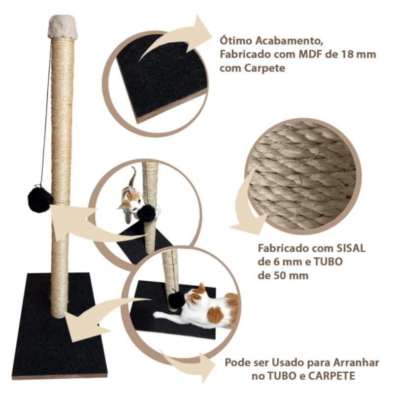 Arranhador para gatos Brinquedo Poste Sisal EXTRA GRANDE 90 cm de altura Base Grande