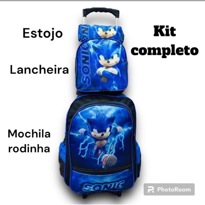 Mochila Escolar Rodinha Infantil Menino + Lancheira + Estojo-sonic