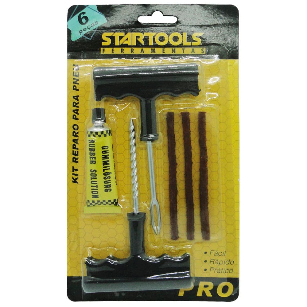 KIT REPARO PARA PNEU DE CARRO E MOTO COM MACARRAO + ESCAREADOR E ACESSORIOS PRO 6 PECAS