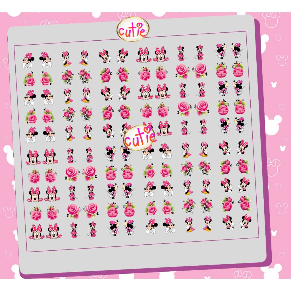 120 Adesivos de unha 3D Minnie Flores Rosa Variadas