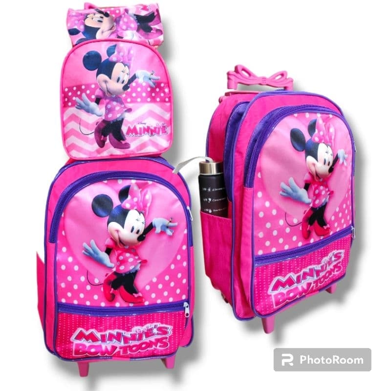 Kit Mochila Infantil Escolar com rodinhas de silicone de menina + lancheira + estojo