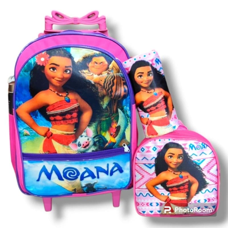 Kit Mochila Infantil Escolar com Rodinhas de Silicone de Menina Moana + Lancheira + Estojo