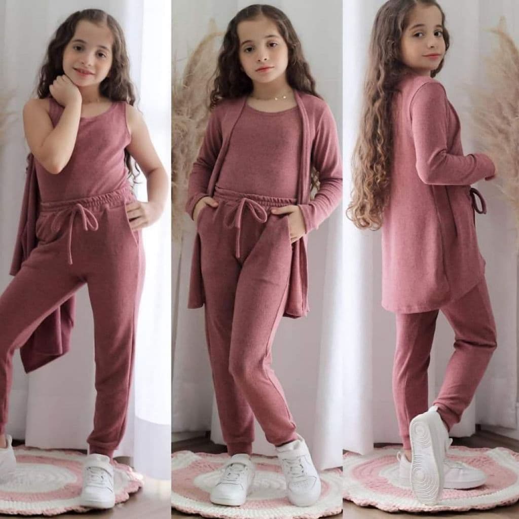 Conjunto Infantil Menina Trio de Lãnzinha 3 peças Calça + Cropped + Cardigan Moda Inverno