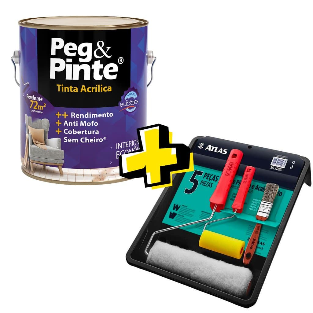 Combo Tinta Acrílica Econômica Branco Neve Fosco 3,6L Eucatex + Kit Completo de Pintura e Decoração 5 Peças - Bandeja, Garfo, Rolo 23cm, Trincha 1 1/2", Rolo de Espuma 9cm