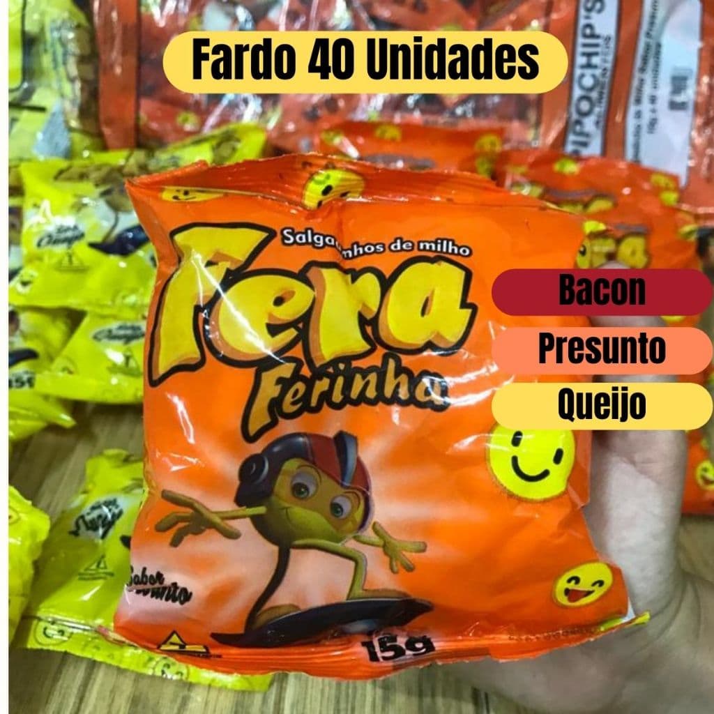 Salgadinho Fera 15 gramas Fardo c/ 40 unidades - Sabores Presunto, Bacon e Queijo