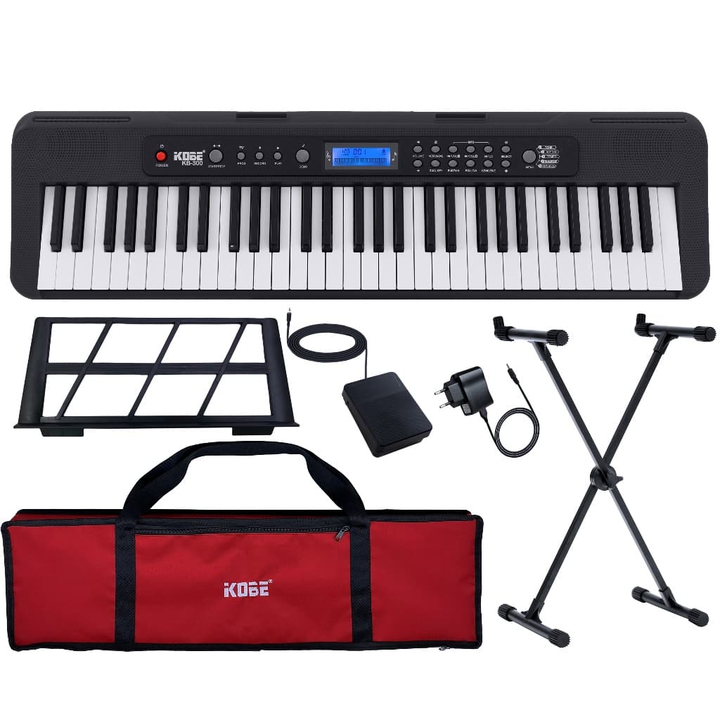 Kit Teclado Musical Digital Kobe KB-300 5/8 Teclas Sensíveis  incluso Pedal Sustain Capa  e Suporte